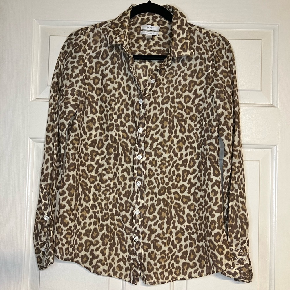 J Crew Cheetah Print Sheer Long Sleeve Button Down Women’s Blouse Size 6